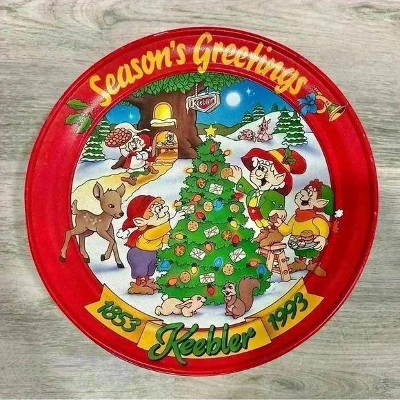 Vintage 1993 Keebler Elves Christmas Holiday Round Cookie Tin 10 Inch - Picture 1 of 6